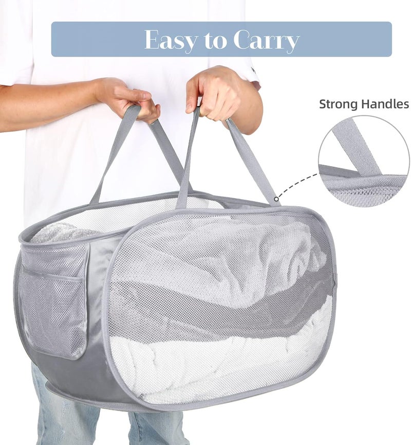 Bemkoo Durable Collapsible Laundry Baskets, Mesh Pop Up Laundry Hamper with Side Pocket, Foldable Clothes Storage Hamper with Reinforced Carry Handles for Laundry, Bathroom, Kids Room, Dorm or Travel Grey - Image 5